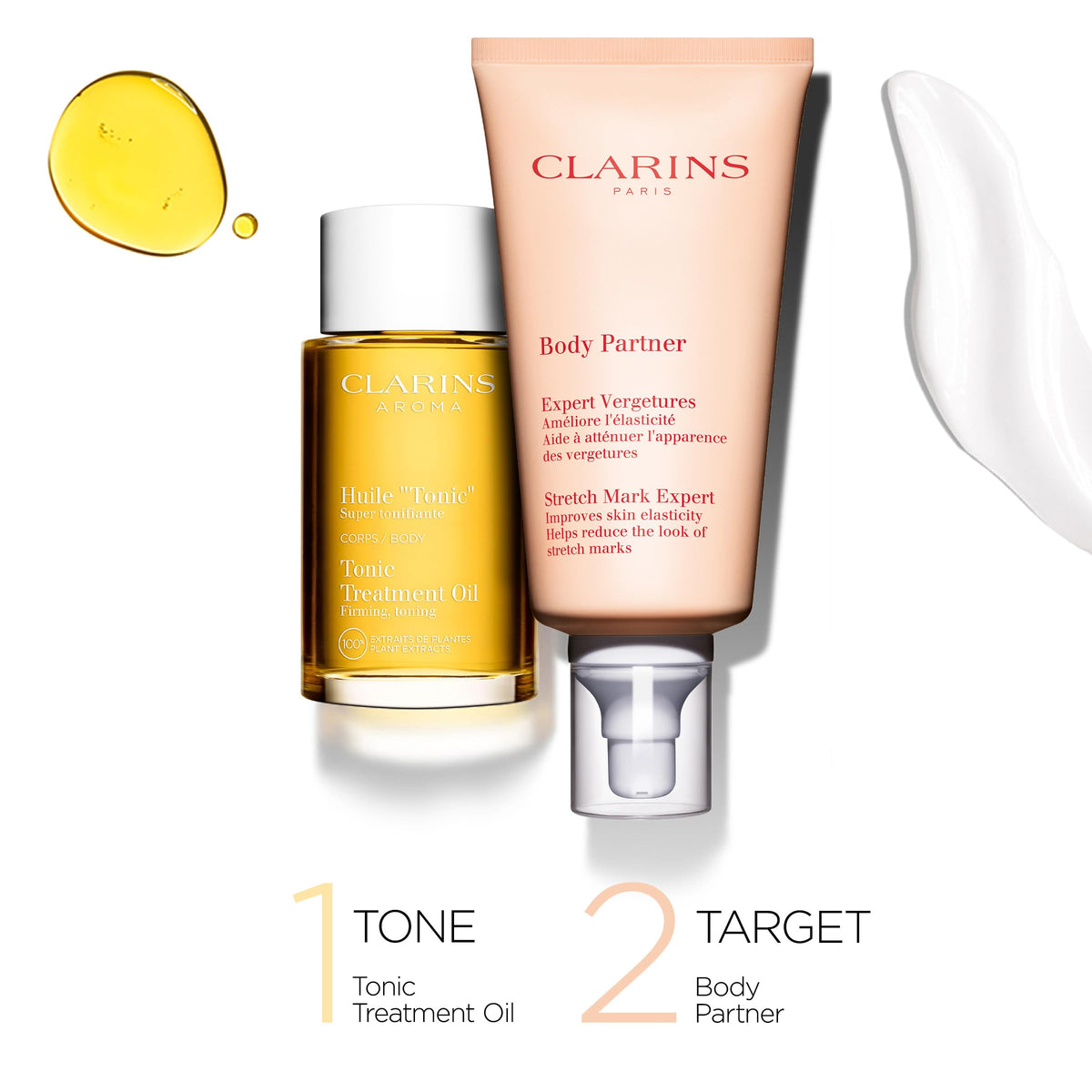 Clarins bottle held in hand for size comparison and travel-friendly benefit