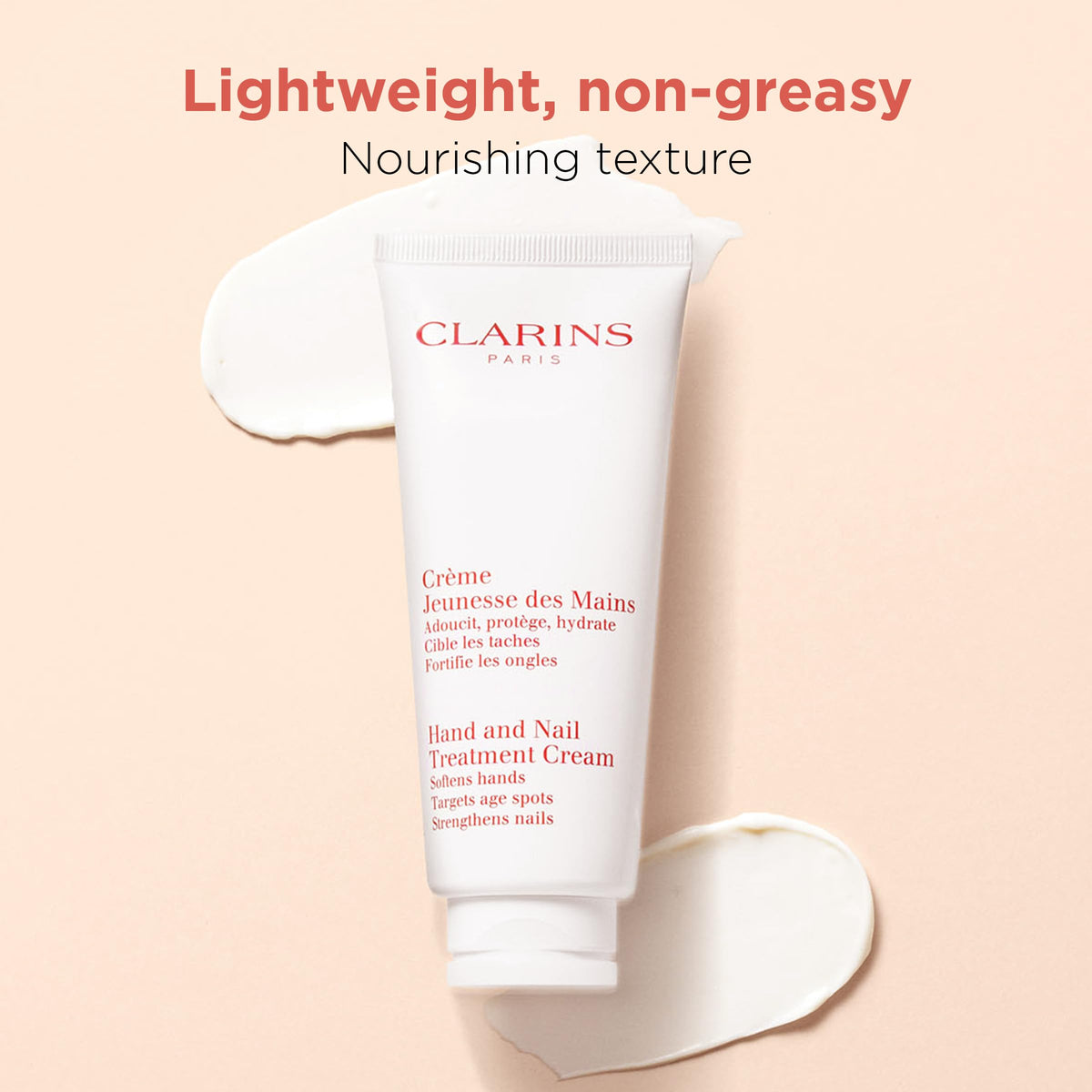 Clarins hand cream next to everyday objects showing 3.4 oz scale and travel-friendly benefit