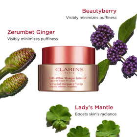 CLARINS applying mask to face illustrating quick 10-minute treatment and refreshed skin benefit