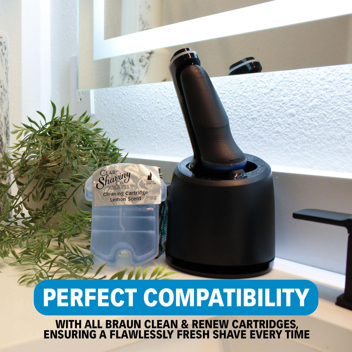 Clark Shaving Co. bottle connected to cleaning station demonstrating seamless compatibility