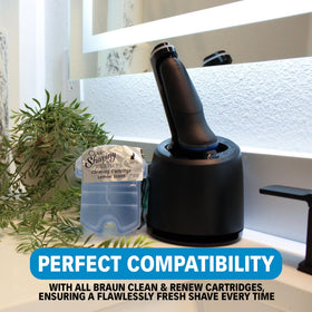 Clark Shaving Co. bottle connected to cleaning station demonstrating seamless compatibility