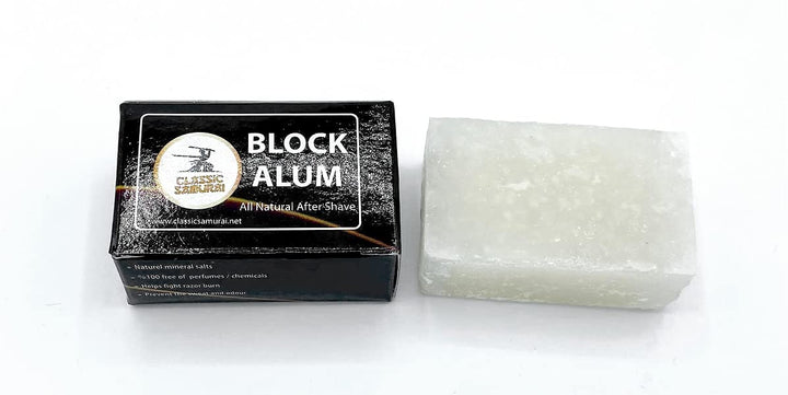 Classic Samurai alum block front view showing packaging and compact size benefit
