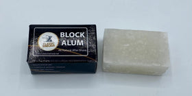 Classic Samurai alum stone close-up applied to skin providing soothing post-shave relief
