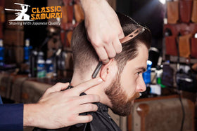 Classic Samurai used by barber demonstrating controlled shave and clean line work