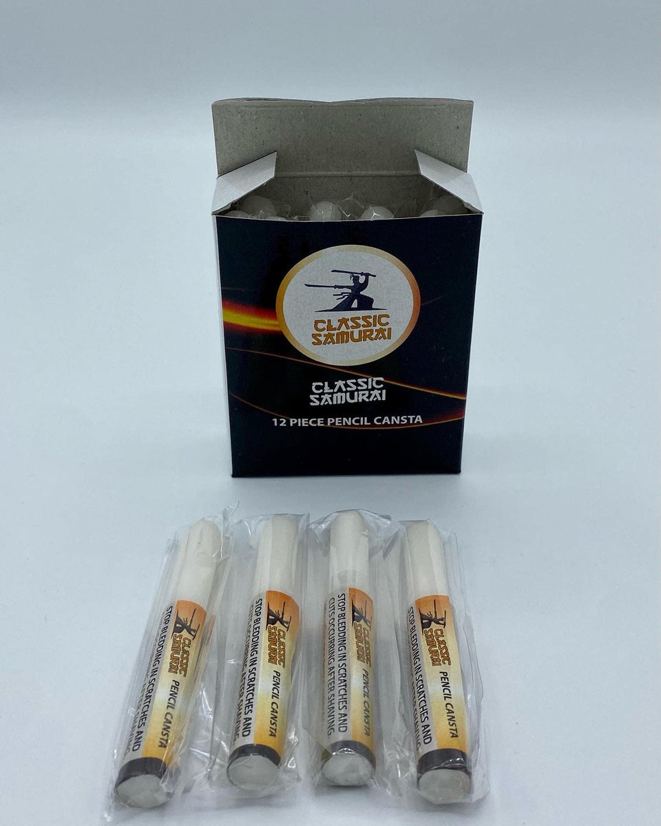 Classic Samurai styptic pen 12-pack front packaging showing compact travel-ready pens and brand
