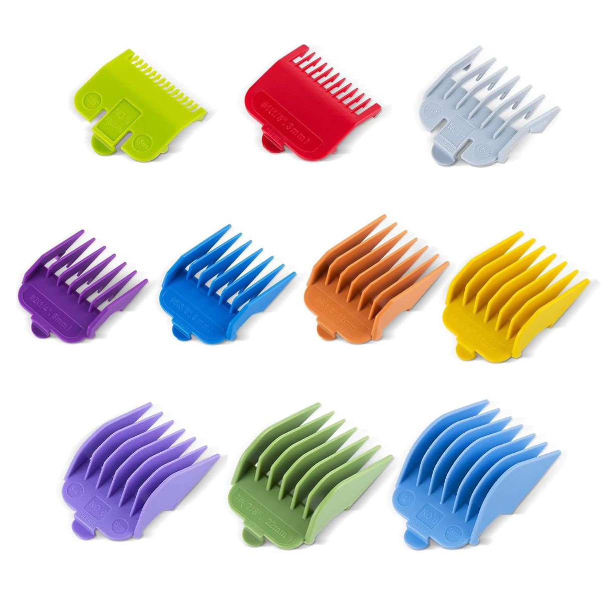 Clasura front view packaged guards showing ten color-coded lengths and quick selection benefit