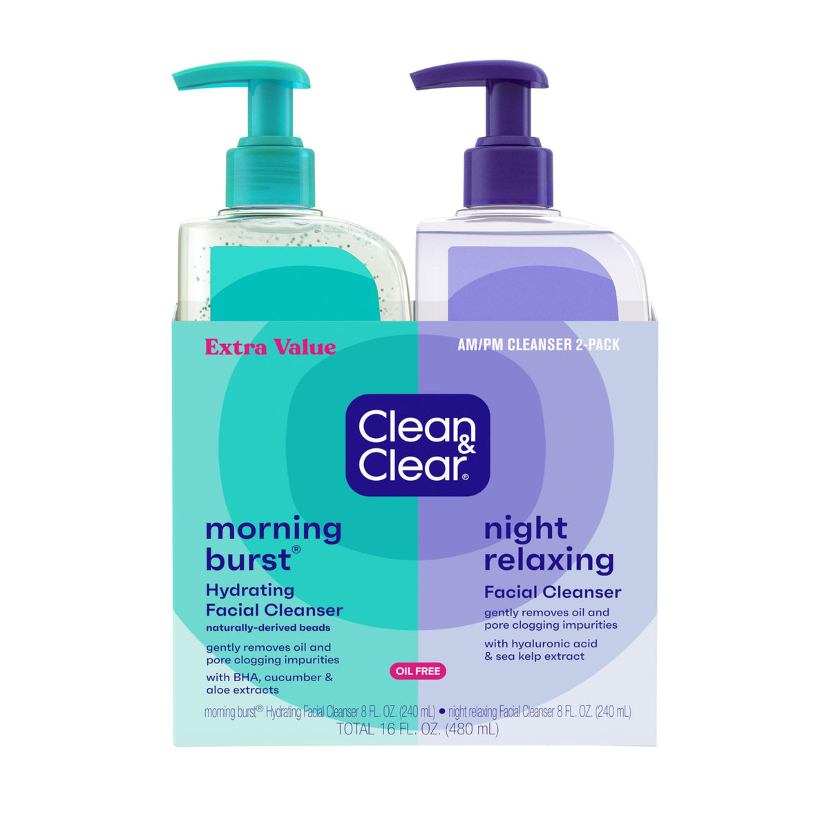 Clean & Clear duo front packaging showing two 8 fl oz bottles and benefits