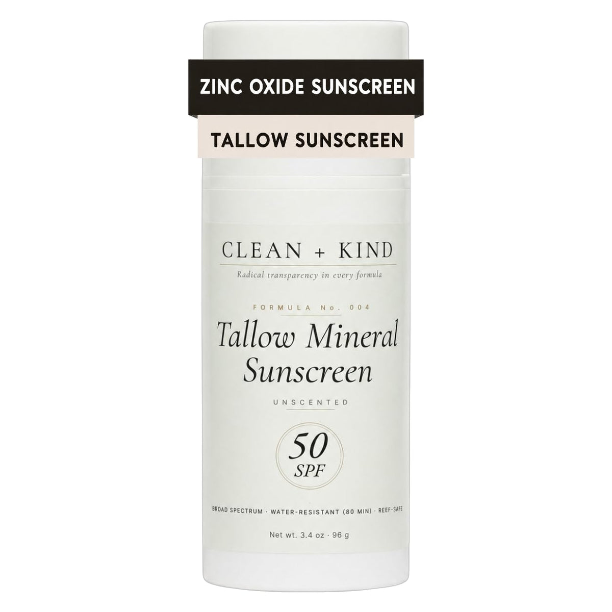 Clean + Kind pump bottle front view showing SPF 50 protection and travel size benefit