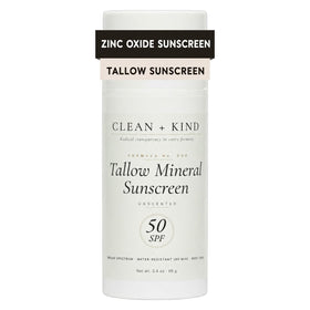 Clean + Kind pump bottle front view showing SPF 50 protection and travel size benefit