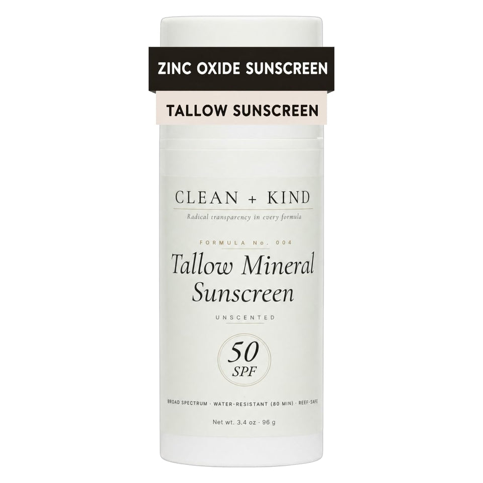 Clean + Kind pump bottle front view showing SPF 50 protection and travel size benefit