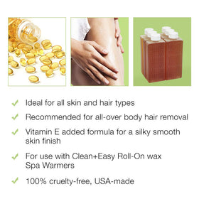 Clean + Easy roll-on wax being applied to forearm, efficient hair adherence for removal