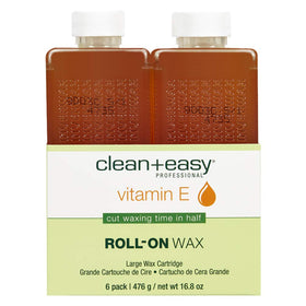 Clean + Easy front packaging showing six large Vitamin E wax refills, reliable salon supply
