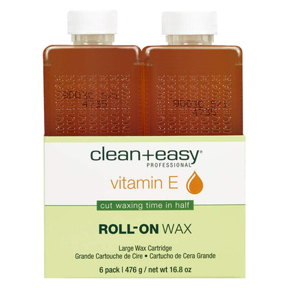 Clean + Easy front packaging showing six large Vitamin E wax refills, reliable salon supply