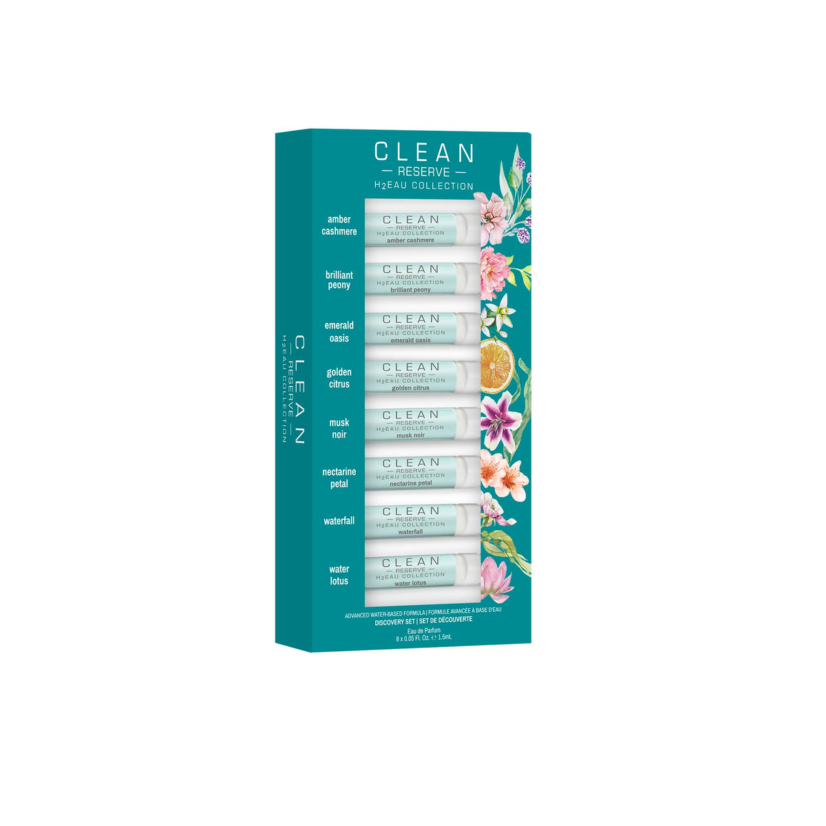 CLEAN front packaging of H2EAU discovery set showing eight mini vials, gift-ready