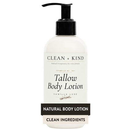 Clean + Kind front bottle showing vanilla tallow lotion for clear product ID and benefit