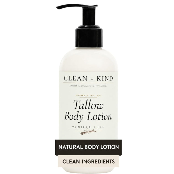 Clean + Kind front bottle showing vanilla tallow lotion for clear product ID and benefit