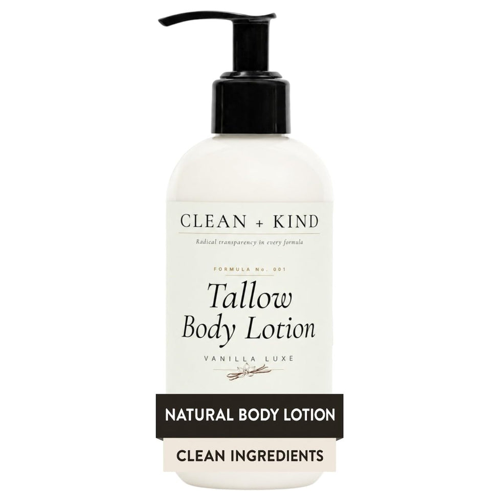 Clean + Kind front bottle showing vanilla tallow lotion for clear product ID and benefit