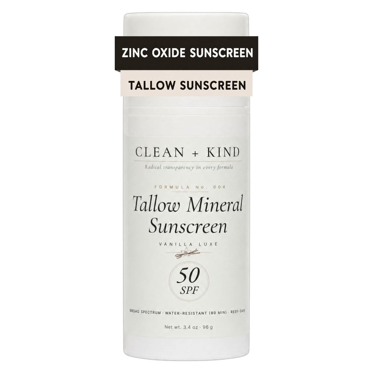 Clean + Kind front pump bottle showing SPF50 and vanilla scent benefit