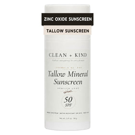 Clean + Kind front pump bottle showing SPF50 and vanilla scent benefit