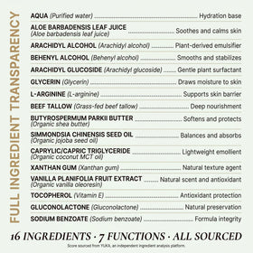 Clean + Kind label detail with full INCI list emphasizing transparency benefit