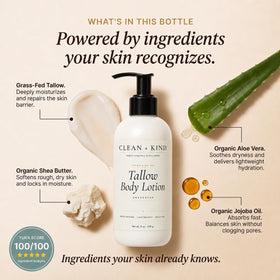 Clean + Kind pump top and clear ingredient label highlighting transparency