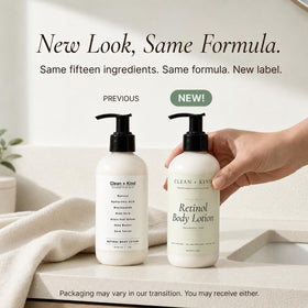 Clean + Kind bottle next to ruler showing 8 oz scale and travel-friendly benefit