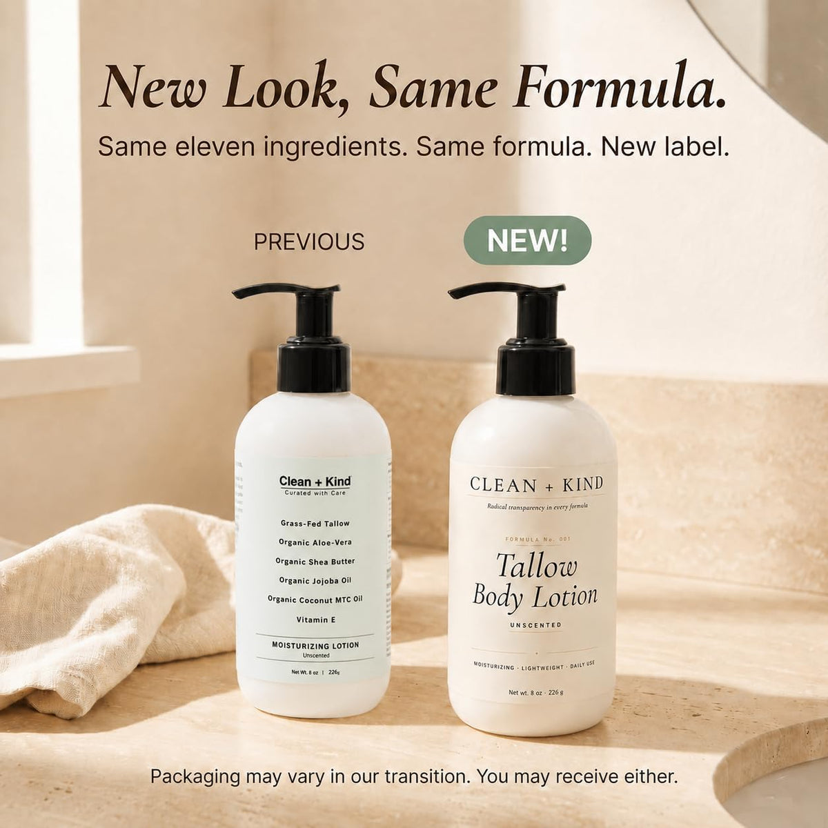Clean + Kind size comparison with hand indicating compact 8 oz travel-friendly bottle
