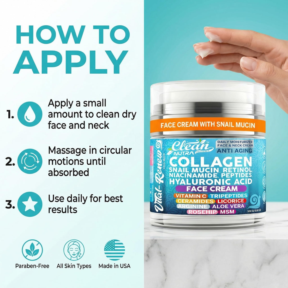 Clean Nutraceuticals cream on hand demonstrating lightweight spreadability and hydration benefit