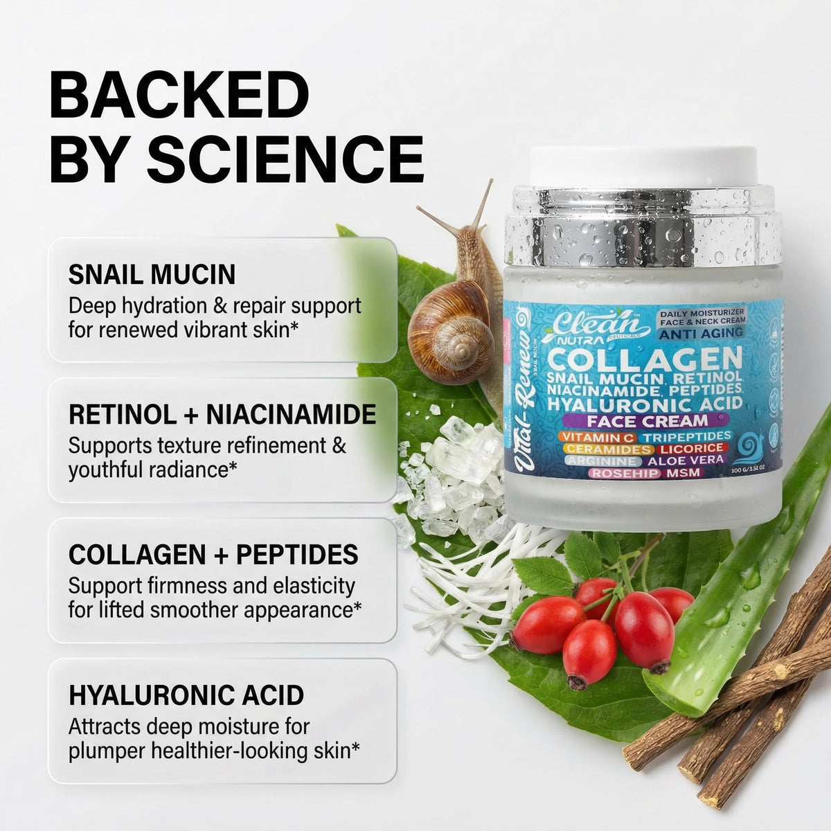 Clean Nutraceuticals active ingredient display highlighting snail mucin and peptides