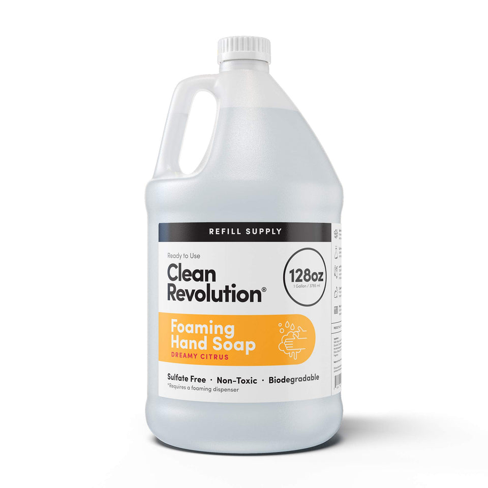 Clean Revolution front view of 128oz gallon showing packaging and label benefit of bulk refill