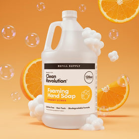Clean Revolution pouring refill into foaming dispenser demonstrating effortless refill benefit