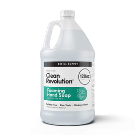 Clean Revolution front of 128 fl oz refill showing label and size benefits