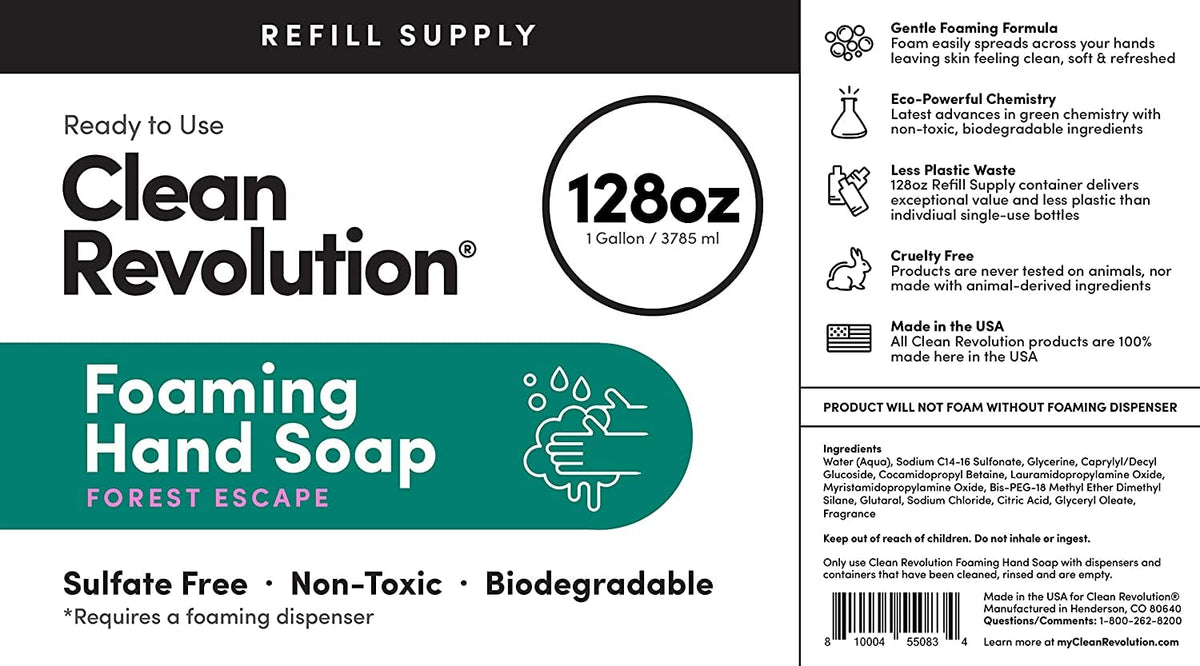 Clean Revolution gallon next to 14 oz bottle showing refill value ratio
