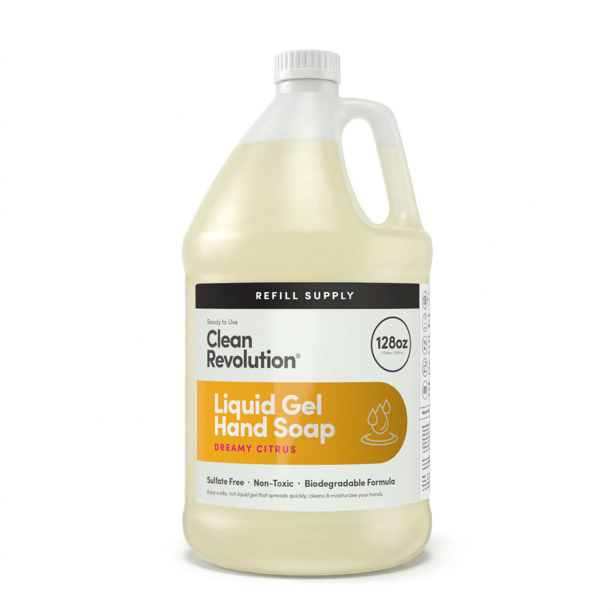 Clean Revolution front label on 128 oz refill showing scent and size benefits