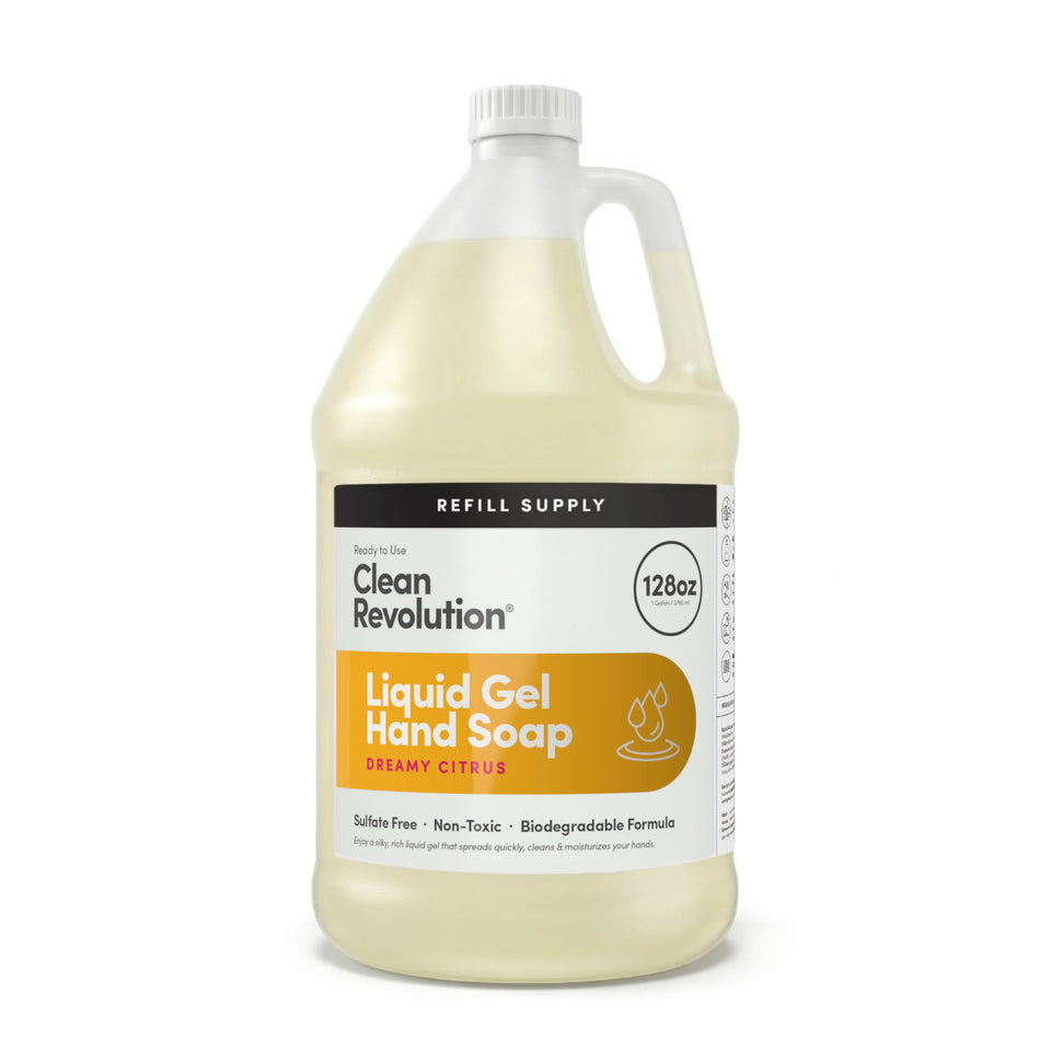 Clean Revolution front label on 128 oz refill showing scent and size benefits