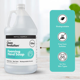 Clean Revolution gallon beside three dispensers to show scale and refill savings benefit