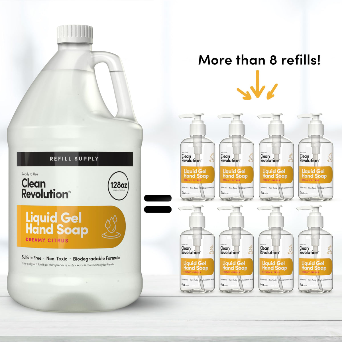 Clean Revolution gel texture pouring from bottle demonstrating silky lather