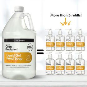 Clean Revolution gel texture pouring from bottle demonstrating silky lather