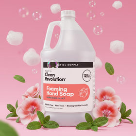 Clean Revolution being poured into a dispenser demonstrating easy refill benefit