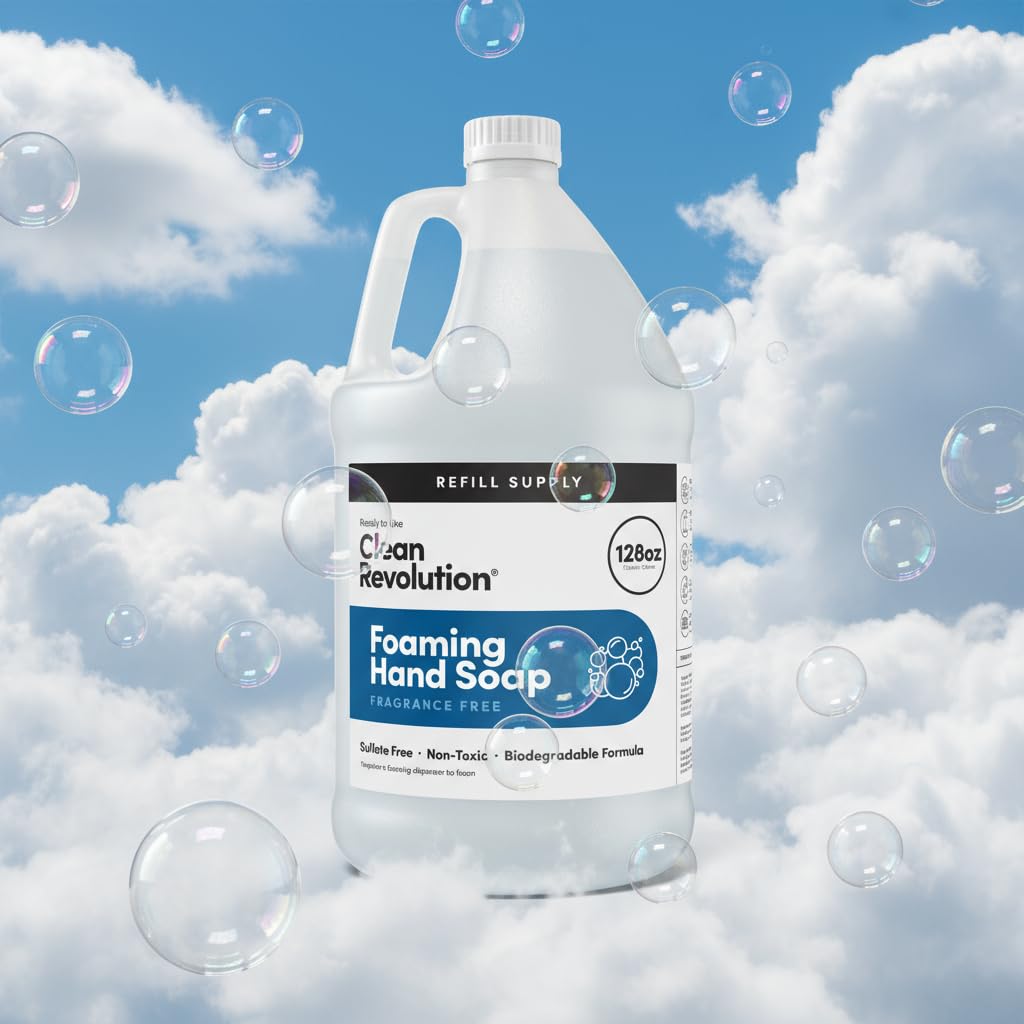 Clean Revolution pour spout and label close-up highlighting easy refill convenience
