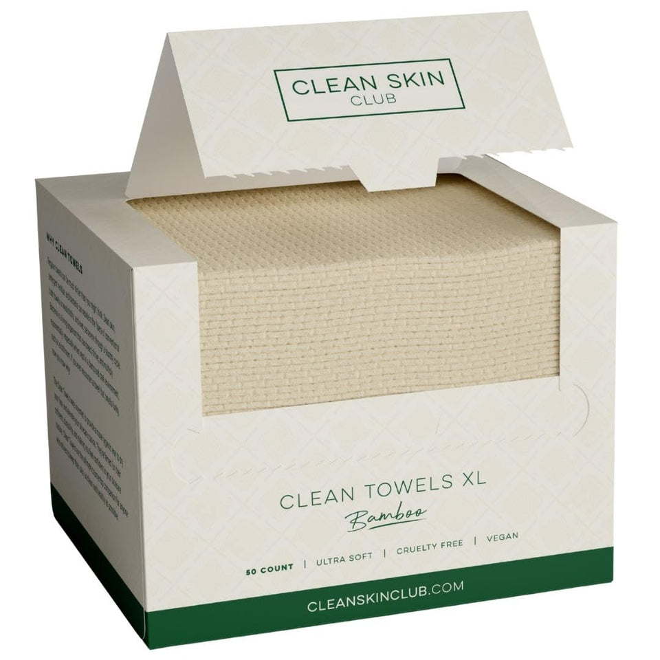 Clean Skin Club front pack showing XL 50-count towels for convenient hygiene