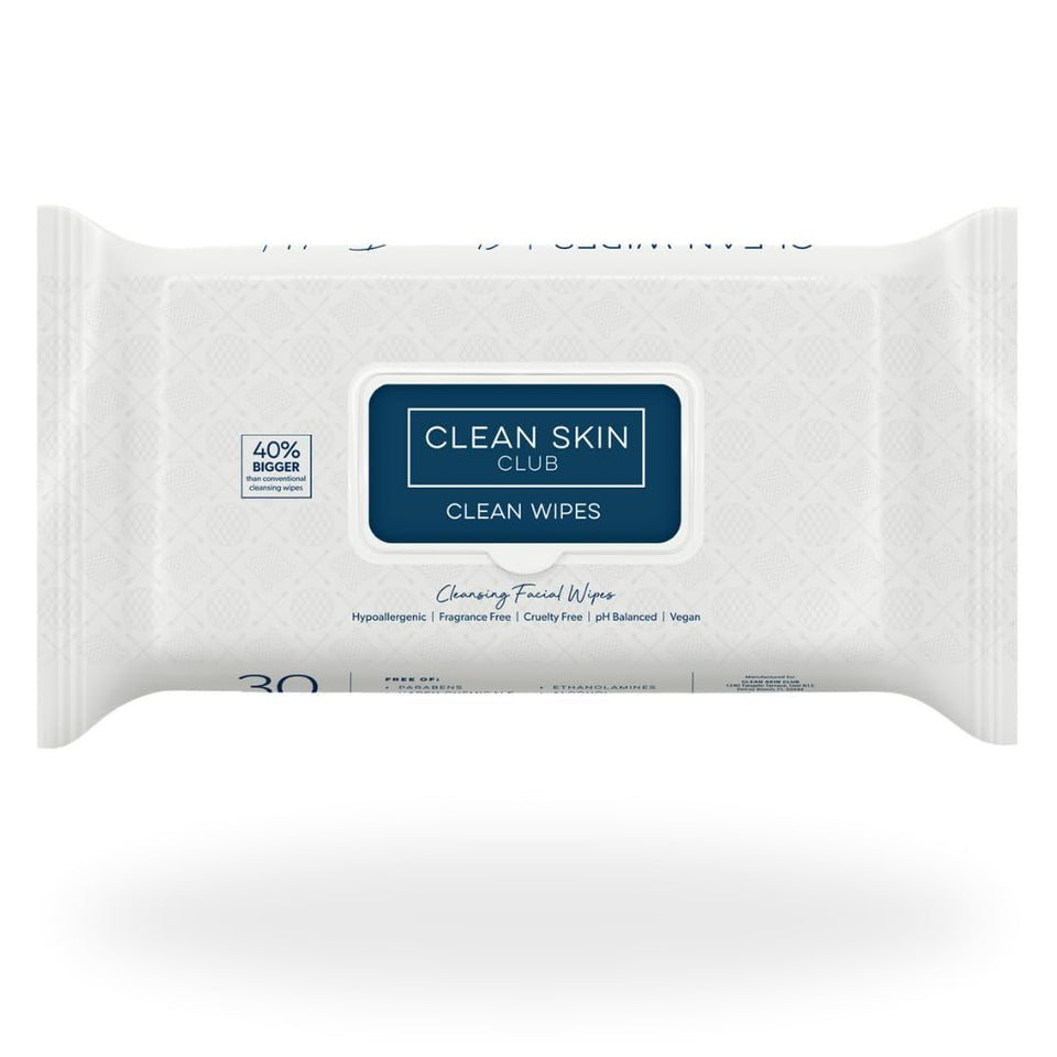 CLEAN SKIN CLUB front pack showing XL wipes and key benefits