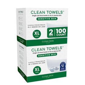 CLEAN SKIN CLUB front packaging showing two-box supply and 100 towels for convenience