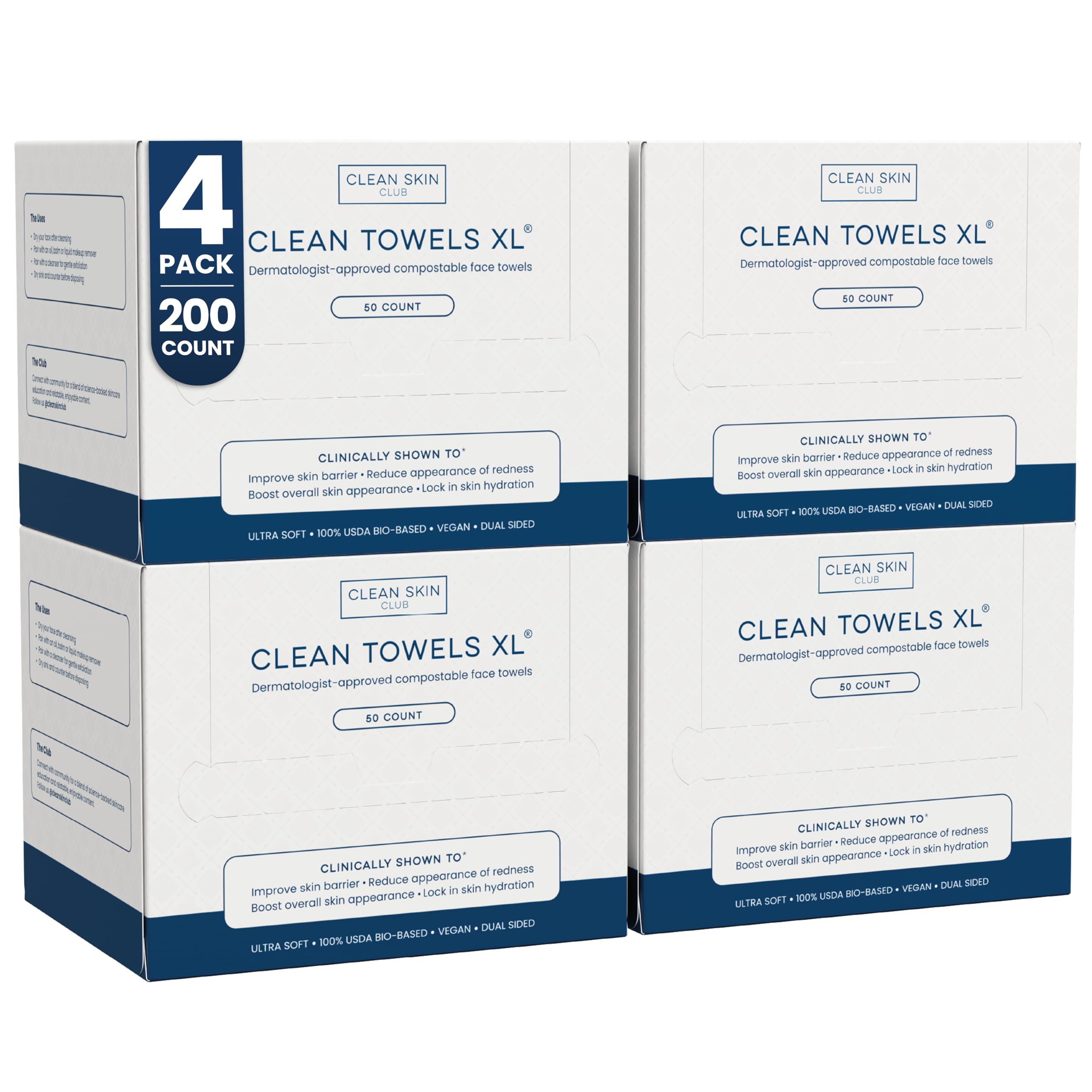 CLEAN SKIN CLUB front packaging showing 4-pack and 200 count for easy restocking