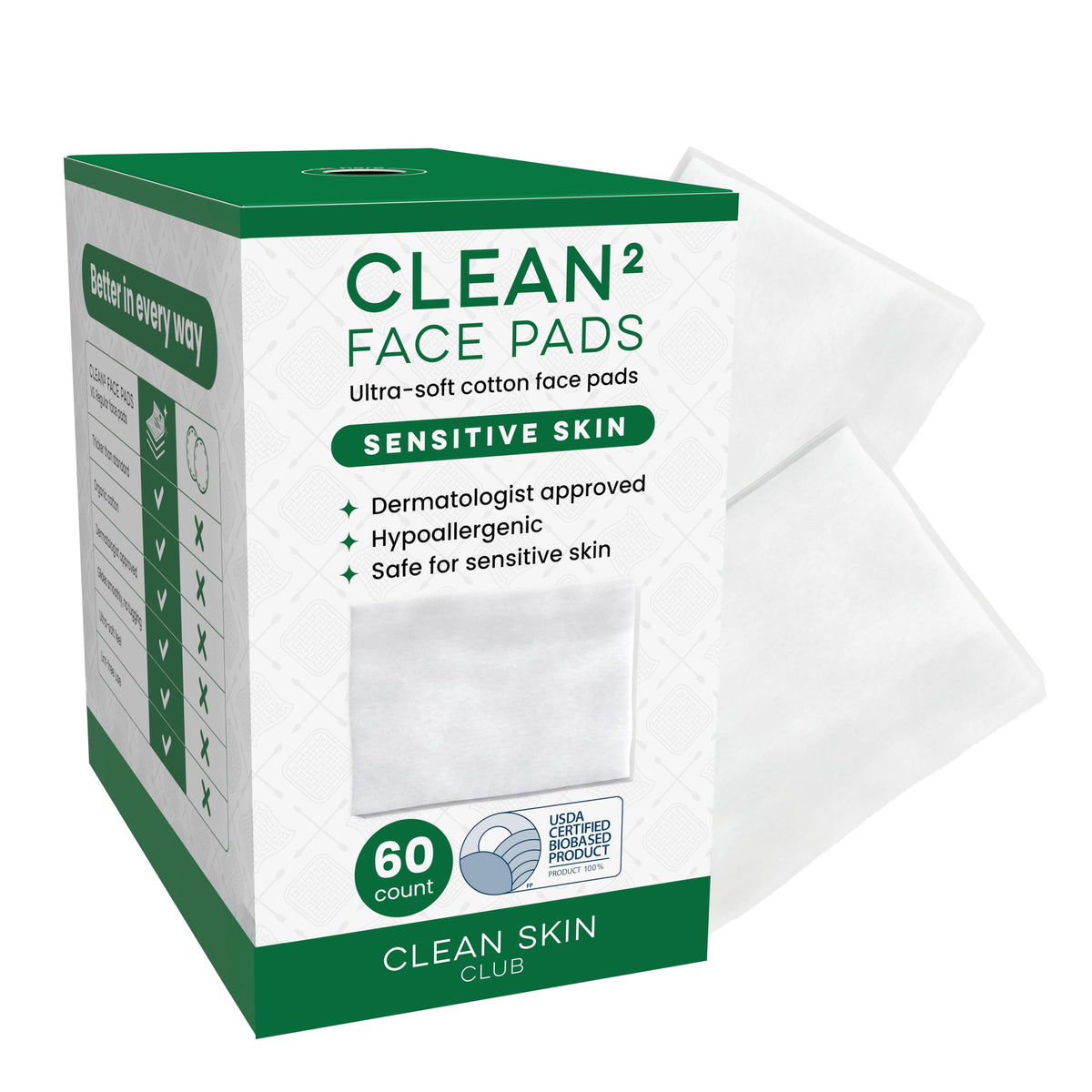 Clean Skin Club front packaging showing 60-count organic cotton pads and benefits