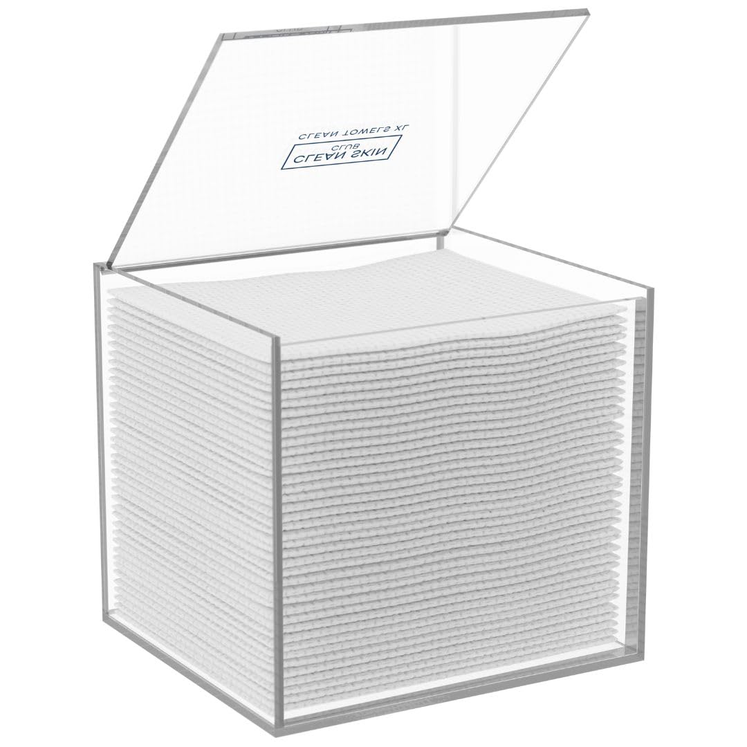 CLEAN SKIN CLUB front view of acrylic box showing neat storage benefit