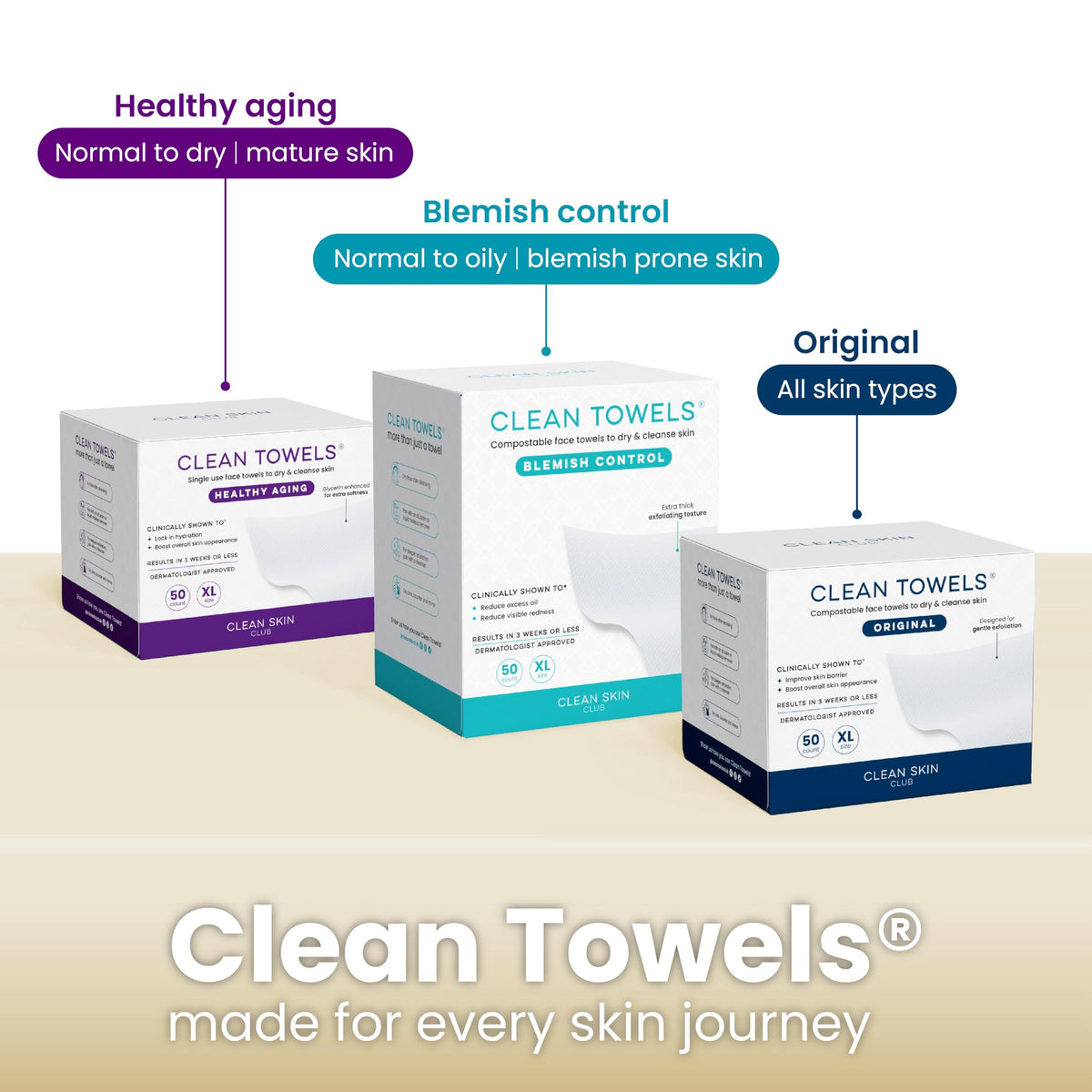 Clean Skin Club towels arranged on a vanity to illustrate daily routine use