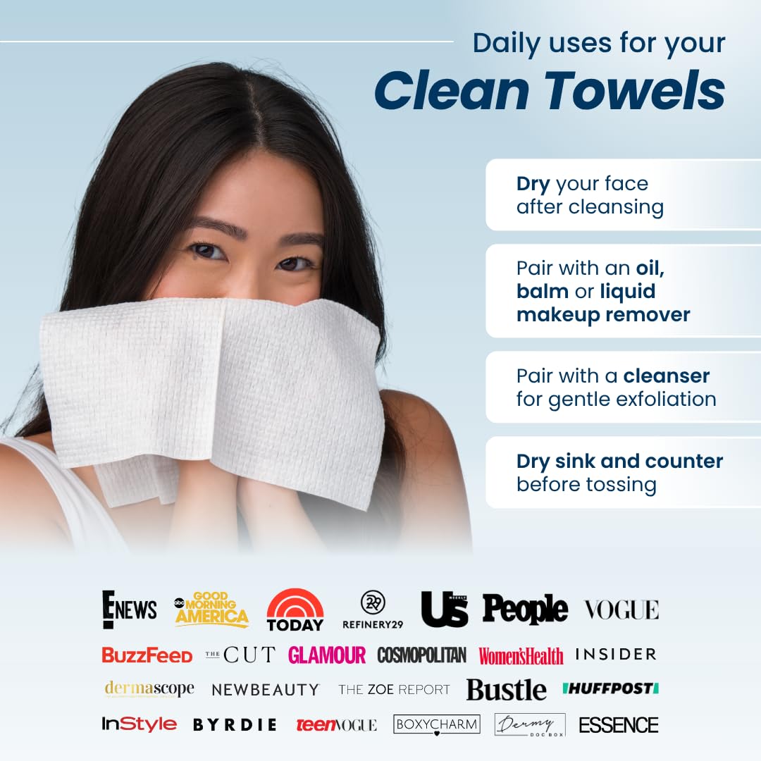 CLEAN SKIN CLUB towel removing makeup from model's cheek for quick cleansing