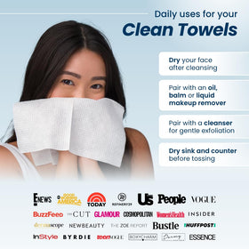 CLEAN SKIN CLUB towel removing makeup from model's cheek for quick cleansing