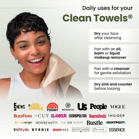 Clean Skin Club towel removing makeup gently to show easy cleansing benefit
